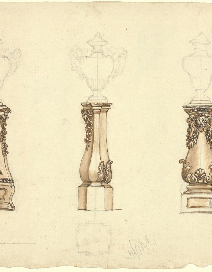 Fig. 25 Massimiliano Soldani Benzi Studio per colonne decorate con mascheroni, bucrani, ghirlande e racemi destinate al sostegno dei vasi con anse raffiguranti Amore con un cigno 1692-1695 circa grafite e inchiostro diluito su carta Gabinetto dei Disegni e delle Stampe delle Gallerie degli Uffizi, Firenze